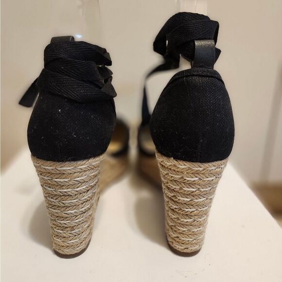 Michael Kors Black Canvas Wedge Heel Tie-up Mk Logo Espadrilles Sz.6 Ret.$184 - Picture 8 of 11